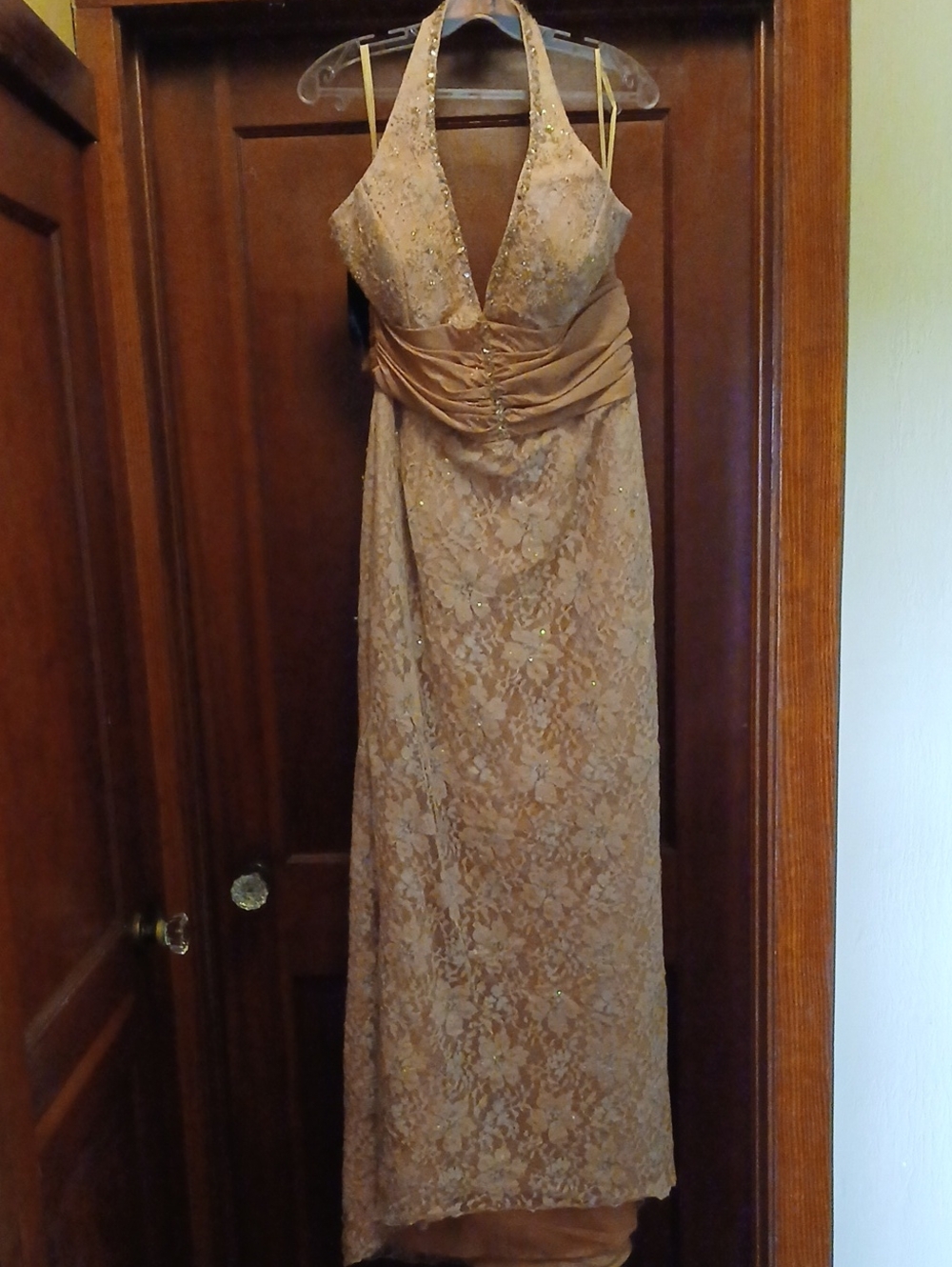 Gold Lace Halter Prom Gown with Ruched Waist